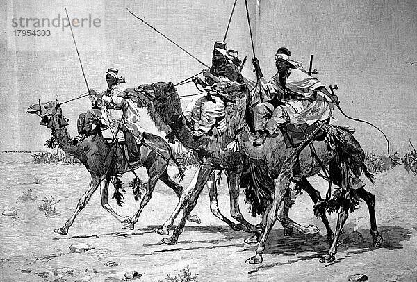 Ein Kamelritt der Tuareg in Libyen  Vorhut  der führende Teil einer vorrückenden Militärformation  Historisch  digital restaurierte Reproduktion einer Originalvorlage aus dem 19. Jahrhundert  genaues Originaldatum nicht bekannt