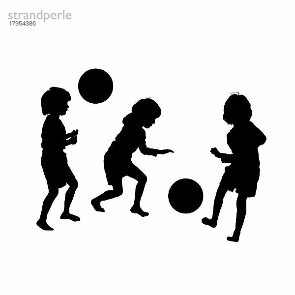 Vektor-Silhouette von Fußball spielenden Kindern  isoliert  gruppierte Objekte auf weißem Hintergrund