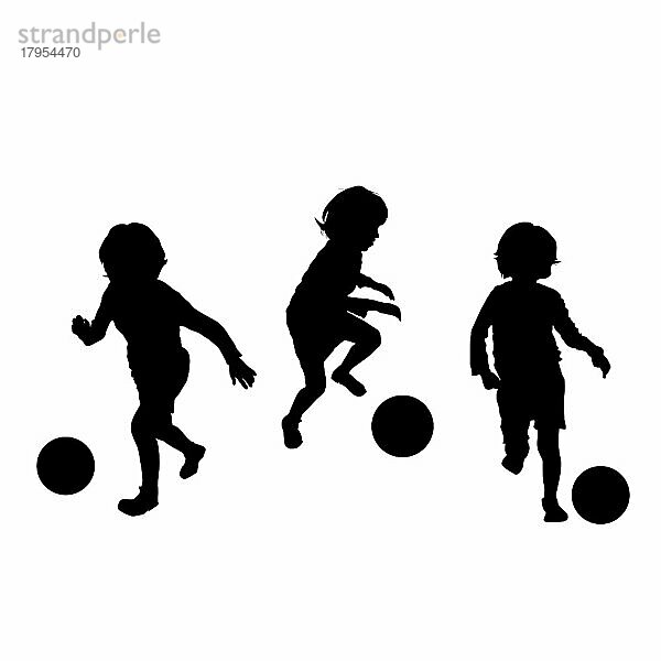 Vektor-Silhouette von Fußball spielenden Kindern  isoliert  gruppierte Objekte auf weißem Hintergrund