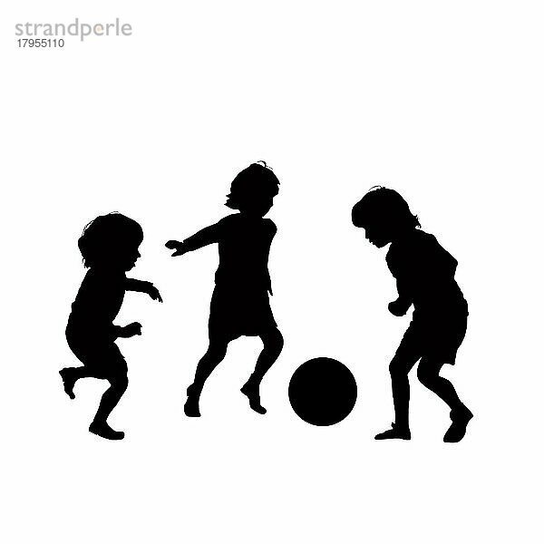 Vektor-Silhouette von Fußball spielenden Kindern  isoliert  gruppierte Objekte auf weißem Hintergrund