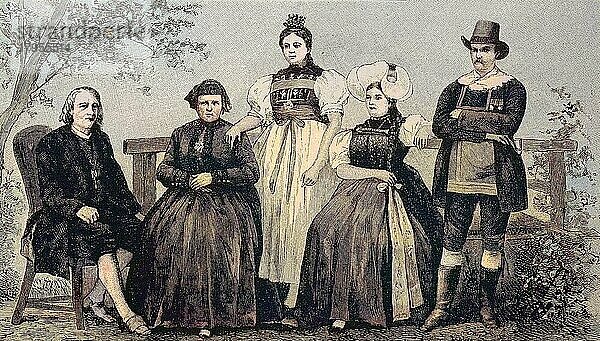 Menschen aus dem Schwarzwald in ihrer Volkstracht  1870  Deutschland  digital restaurierte Reproduktion einer Originalvorlage aus dem 19. Jahrhundert  genaues Originaldatum nicht bekannt  Europa