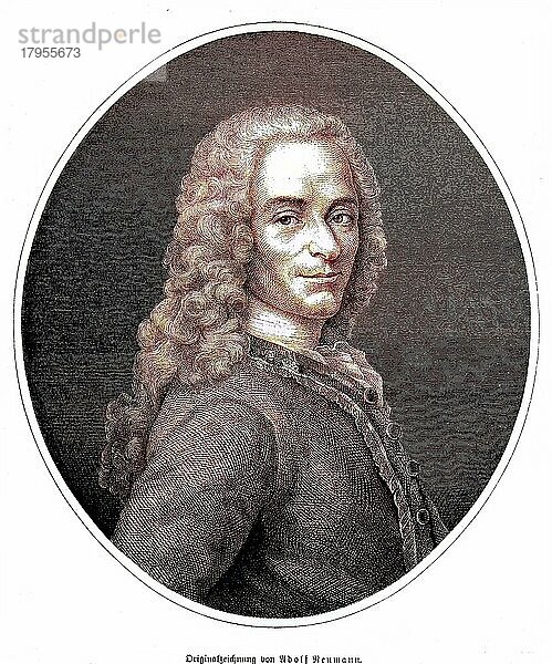 Voltaire  eigentlich Francois Marie Arouet  1694 bis 1778  Autor der französischen und europäischen Aufklärung  historischer Stich  circa. 1870  digital restaurierte Reproduktion einer Originalvorlage aus dem 19. Jahrhundert  genaues Originaldatum nicht bekannt  coloriert