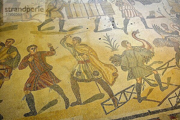 Italien  Italia  Sizilien  Piazza Armerina  Villa Romana del Casale  Innenansicht  Mosaik  Kunstwerk auf dem Fußboden  Europa