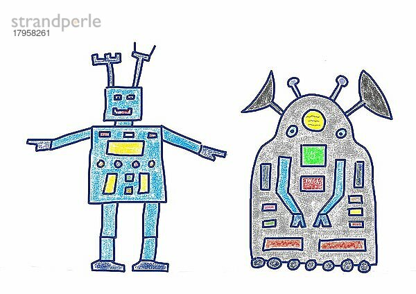 Naive Illustration  Kinderzeichnung  Zwei Roboter  Österreich  Europa