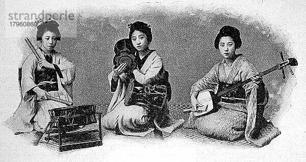 Trio  in Japan im Jahre 1895  Historisch  digital restaurierte Reproduktion einer Originalvorlage aus dem 18. Jahrhundert  genaues Originaldatum nicht bekannt