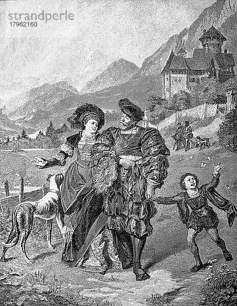 Schlossherr und Gattin und Sohn beim friedlichen Sonntagsspaziergang  1881  Südtirol  Italien  Historisch  digitale Reproduktion einer Originalvorlage aus dem 19. Jahrhundert  Europa