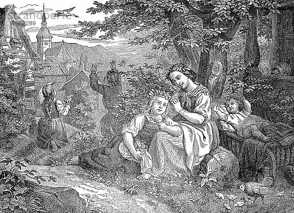 Pfingsten im Freien  Familie mit Kindern in der Natur  Familie beim Picknick mit den Kindern  1881  Deutschland  Historisch  digitale Reproduktion einer Originalvorlage aus dem 19. Jahrhundert  Europa