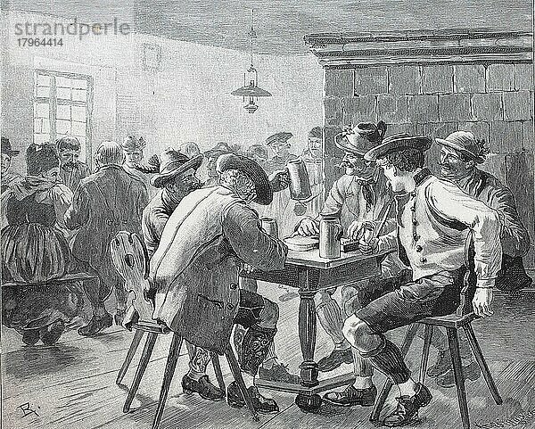 Wirtshaus in Bayern  Deutschland  Männer  die Bier trinken  Historisch  digital restaurierte Reproduktion einer Originalvorlage aus dem 19. Jahrhundert  Europa