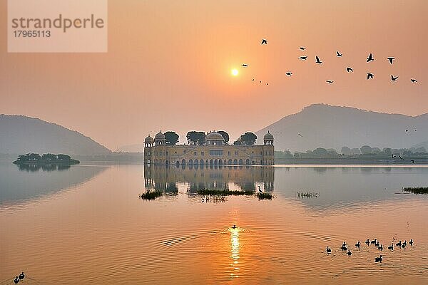 Ruhiger Morgen am berühmten indischen Touristendenkmal Jal Mahal (Wasserpalast) bei Sonnenaufgang in Jaipur  Enten und Vögel genießen den ruhigen Morgen  Jaipur  Rajasthan  Indien  Asien