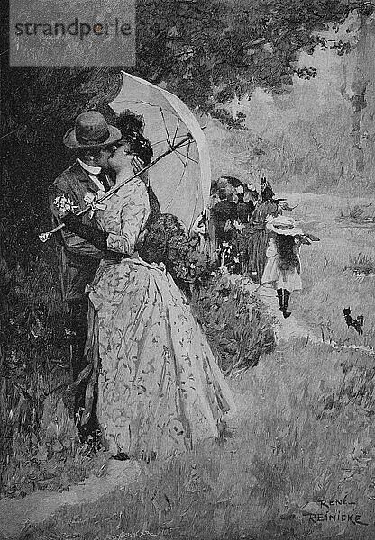 Ein günstiger Augenblick  Paar beim Küssen unter einem Schirm  1880  Österreich  Historisch  digitale Reproduktion einer Originalvorlage aus dem 19. Jahrhundert  Originaldatum nicht bekannt  Europa