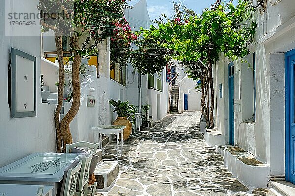 Malerische enge Gasse mit traditionellen weißgetünchten Häusern mit Cafétischen in Naousa  einer berühmten Touristenattraktion auf der Insel Paros  Griechenland  Europa