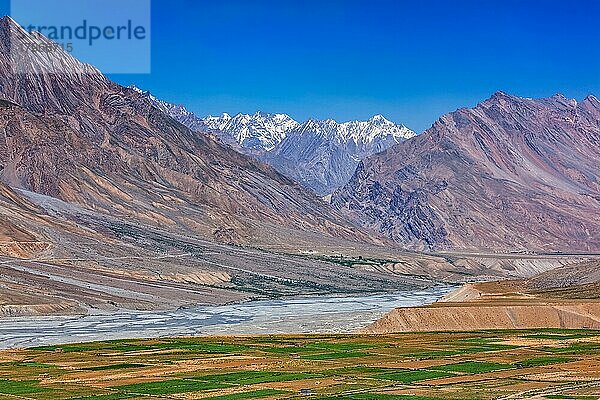 Blick auf das Spiti-Tal und den Spiti-Fluss im Himalaya in Westtibet  Spiti-Tal  Himachal Pradesh  Indien  Asien