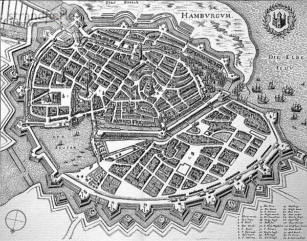 Hamburg im Mittelalter  Stadtplan  Deutschland  Historisch  digitale Reproduktion einer Originalvorlage aus dem 19. Jahrhundert  Originaldatum nicht bekannt  Europa