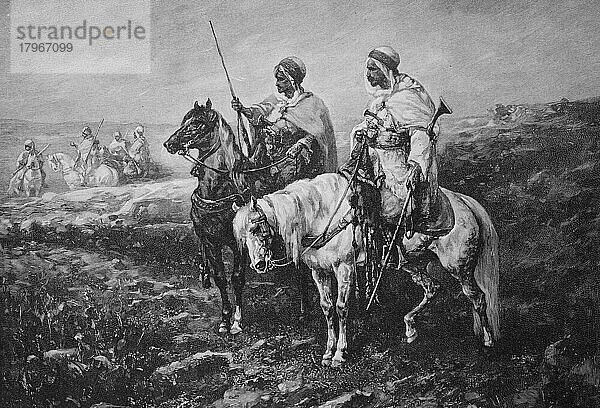 Arabische Späher zu Pferd bei der Erkundung  1870  Arabien  Historisch  digitale Reproduktion einer Originalvorlage aus dem 19. Jahrhundert  Originaldatum nicht bekannt