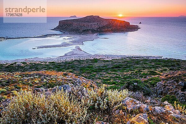 Island Gramvousa and the beautiful Balos beach on sunset in Crete island  Greece. Horizontal camera pan