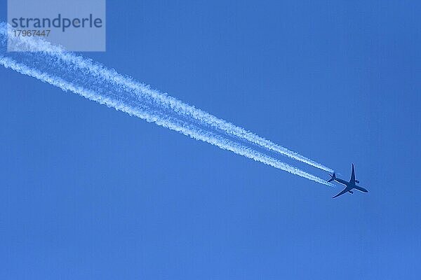 Verkehrflugzeug mit Kondensstreifen  blauer Himmel  Bayern  Deutschland  Europa