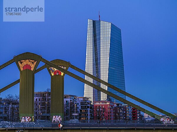 Europäische Zentralbank  EZB  Eigentumswohnungen am Osthafen  Flößerbrücke bei Nacht