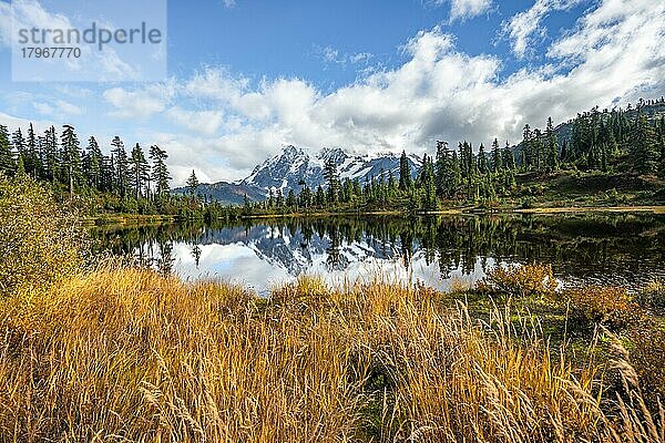 Mt. Shuksan Gletscher mit Schnee mit Spiegelung im Picture Lake  bewaldete Berglandschaft im Herbst  Mt. Baker-Snoqualmie National Forest  Washington  USA  Nordamerika