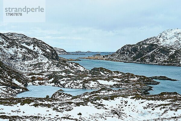 Blick auf einen norwegischen Fjord im Winter  Lofoten  Norwegen  Europa