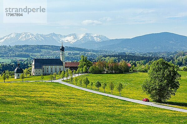 Biew of Bavaria countryside rural scene  Pilgrimage church of Wilparting  Irschenberg village  Upper Bavaria