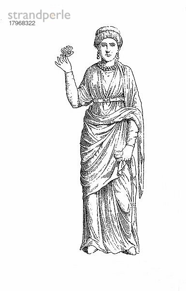 Aelia Galla Placidia war eine Tochter des römischen Kaisers Theodosius I. Enkelin von Valentinian I. Mutter des späteren Kaisers Valentinian III. und als solche einige Jahre lang faktische Regentin des Weströmischen Reiches  trägt spätrömische Tracht  5. Jahrhundert  Historisch  digitale Reproduktion einer Originalvorlage aus dem 19. Jahrhundert