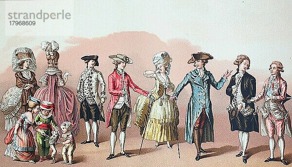 Französische Mode aus der Zeit Ludwigs XVI. Geschichte der Mode  Historisch  digitale Reproduktion einer Originalvorlage aus dem 19. Jahrhundert