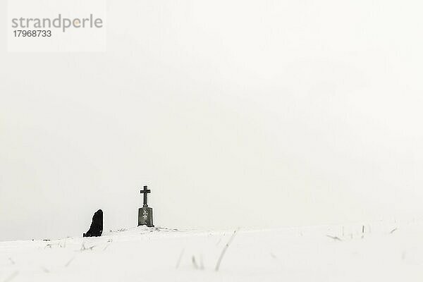 Einsame Frau knieend an Marterl in Winterlandschaft  schwarzweiß  Kaufbeuren  Ostallgäu  Bayern  Deutschland  Europa