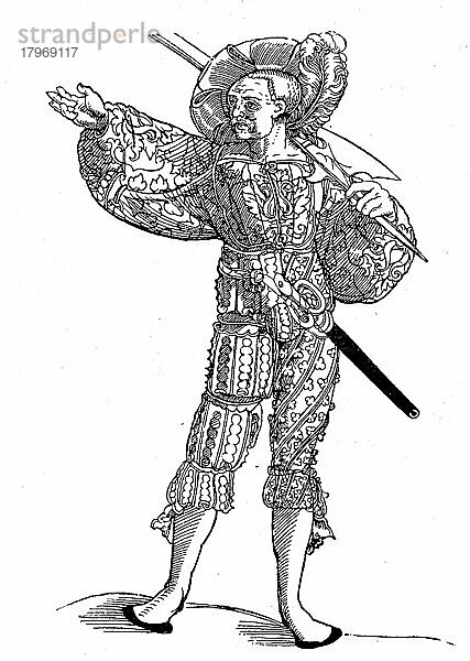 Landsknecht mit Hellebarde  auch Halbard  Halbert oder Schweizer Voulge genannt  ist eine zweihändige Stangenwaffe  um 1520  Modegeschichte  Kostümgeschichte  Historisch  digital restaurierte Reproduktion einer Originalvorlage aus dem 19. Jahrhundert