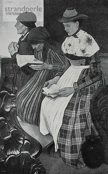 Drei Frauen in der Kirche  die beten und die Bibel lesen  Situation in Deutschland im Jahr 1880  Historisch  digital restaurierte Reproduktion einer Originalvorlage aus dem 19. Jahrhundert