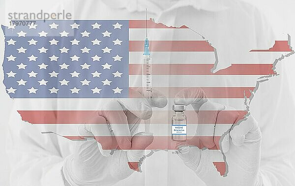 Ein Arzt hält eine Impfstoffflasche und eine Spritze in den Händen  mit einer Karte der Vereinigten Staaten von Amerika. Beginn der Massenimpfung in den USA gegen das Coronavirus COVID-19 Konzeptfoto
