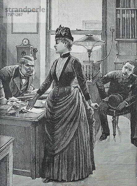 Frau beschwert sich bei der Polizei  weil sie betrogen wurde  Büro  Historisch  digital restaurierte Reproduktion einer Originalvorlage aus dem 19. Jahrhundert