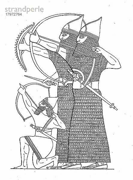 Assyrische Krieger  Bogenschützen mit Schutzkleidung  ca 1000 v. Chr. Mesopotamien  Historisch  digitale Reproduktion einer Originalvorlage aus dem 19. Jahrhundert