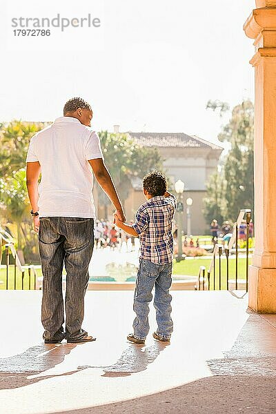 Glücklicher afroamerikanischer Vater und gemischtrassiger Sohn gehen im Park spazieren