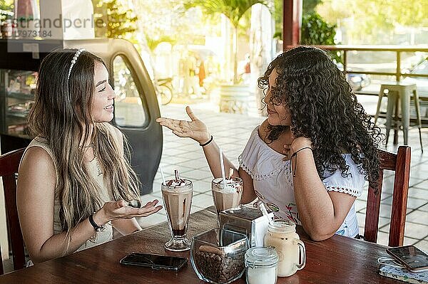 Zwei süße Mädchen unterhalten sich in einem Café  zwei Freundinnen diskutieren in einem Café über Ideen