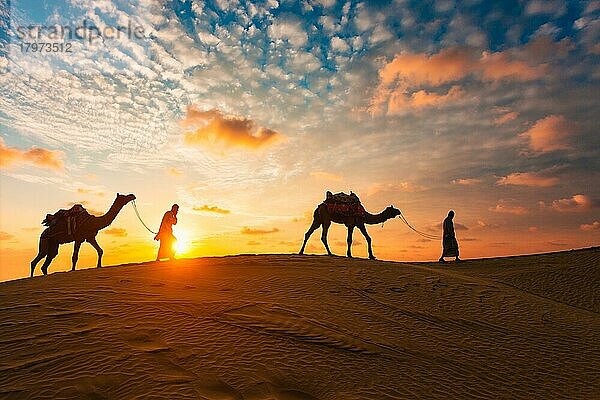 Indische Kameleers (Kameltreiber) Beduinen mit Kamel Silhouetten in Sanddünen der Wüste Thar bei Sonnenuntergang. Karawane in Rajasthan Reise Tourismus Hintergrund Safari Abenteuer. Jaisalmer  Rajasthan  Indien  Asien