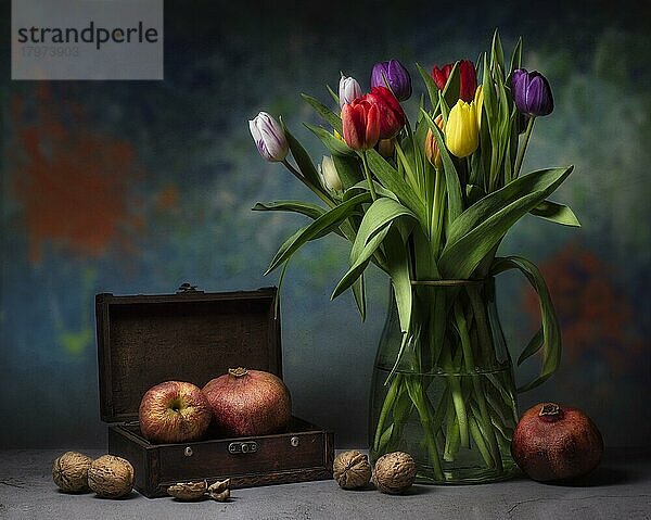 Stillleben mit buntem Tulpenstrauß in Glasvase neben Nüssen  Apfel und Granatapfel in Holzschatulle  Studioaufnahme  Symbolfoto