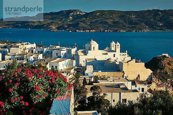 Malerischer Blick auf die griechische Stadt Plaka auf der Insel Milos über rote Geranienblüten  Fokus Blumen  Dorf Plaka  Insel Milos  Griechenland  Europa