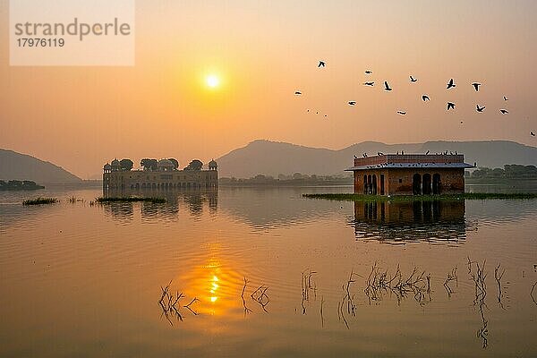 Ruhiger Morgen am berühmten indischen Touristendenkmal Jal Mahal (Wasserpalast) bei Sonnenaufgang in Jaipur  Enten und Vögel genießen den ruhigen Morgen  Jaipur  Rajasthan  Indien  Asien