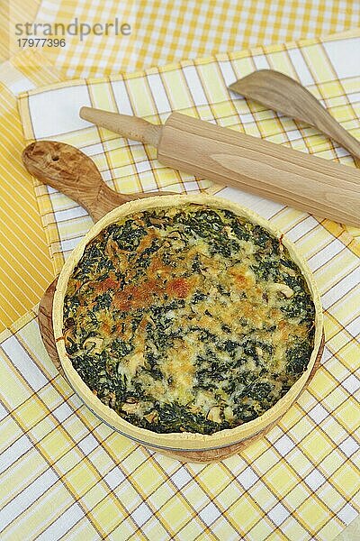 Schwäbische Küche  Spinatkuchen mit Mürbteigboden  salziger Kuchen  Hauptgericht  backen  aus dem Ofen  typisch Schwäbisch  vegetarisch  gesund  Traditionsküche  Nudelholz  Pfannenwender  Foodfotografie  Studio  Deutschland  Europa