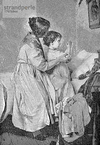 Kind beim Abendgebet  Historisch  digitale Reproduktion einer Originalvorlage aus dem 19. Jahrhundert