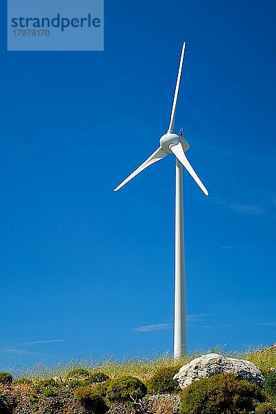 Grünes Konzept für erneuerbare alternative Energie  Windgenerator Turbinen erzeugen Strom  blauer Himmel