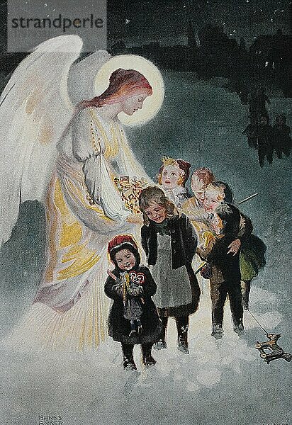 Symbolbild Heiliger Abend  Engel beschenkt die Kinder  1880  Historisch  digitale Reproduktion einer Originalvorlage aus dem 19. Jahrhundert  Originaldatum nicht bekannt