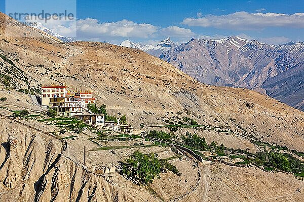 Neues Dhankar-Gompa-Kloster und Dorf Dhankar bei Sonnenuntergang  Spiti-Tal  Himachal Pradesh  Indien  Asien