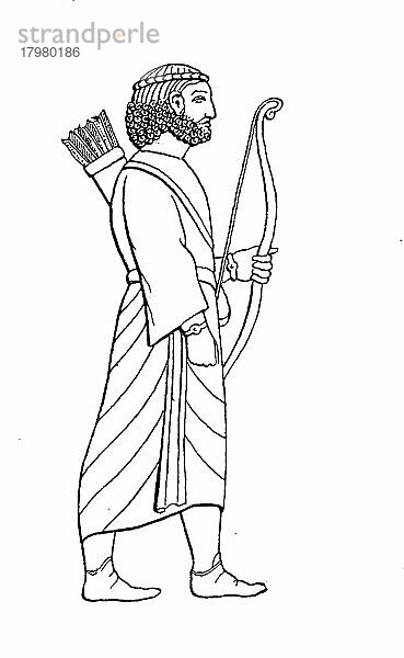 Perser  Bogenträger des Königs  Persepolis  Geschichte der Mode  Historisch  digital restaurierte Reproduktion einer Originalvorlage aus dem 19. Jahrhundert  genaues Originaldatum nicht bekannt