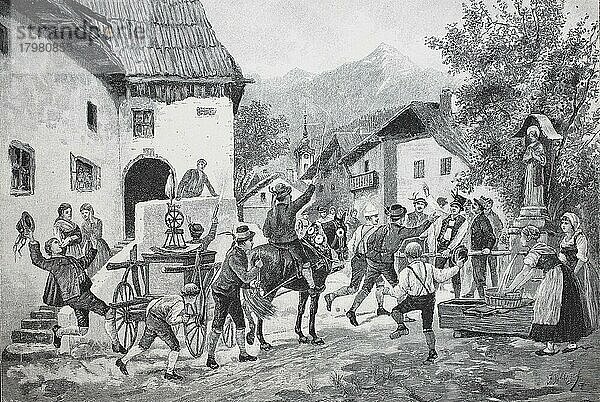 Hochzeit in Kärnten  Österreich  Mitgift  Festzug durch das Dorf  Historisch  digital restaurierte Reproduktion einer Originalvorlage aus dem 19. Jahrhundert  Europa