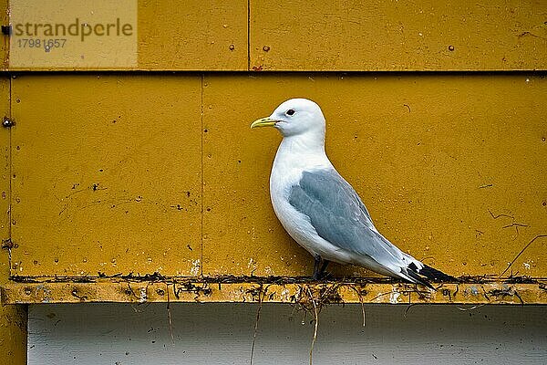 Seagull bird against yellow wall. Lofoten islands  Norway