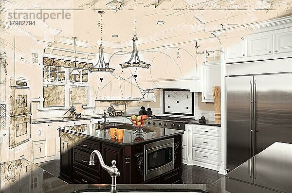Wunderschönes individuelles Küchendesign Zeichnung Querschnitt in fertiges Foto