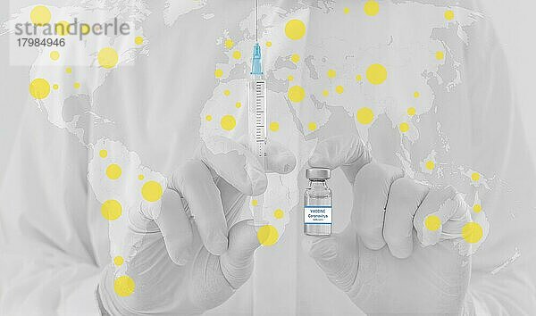 Weltkarte und Ärztehände  die eine Impfstoffflasche und eine Spritze halten  Beginn der weltweiten Massenimpfung gegen das Coronavirus COVID-19  Weltimmunisierungskonzept. Selektiver Fokus