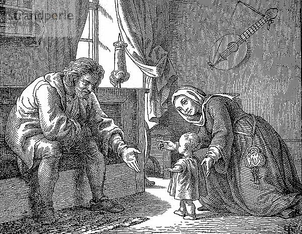 Die ersten Schritte des Kindes mit seinen Eltern  1881  Historisch  digitale Reproduktion einer Originalvorlage aus dem 19. Jahrhundert