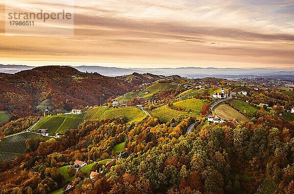 Luftpanorama von Weinanbau Luftaufnahme der Weinanbau-Landschaft in Kitzeck mit einer Kirche im Hintergrund